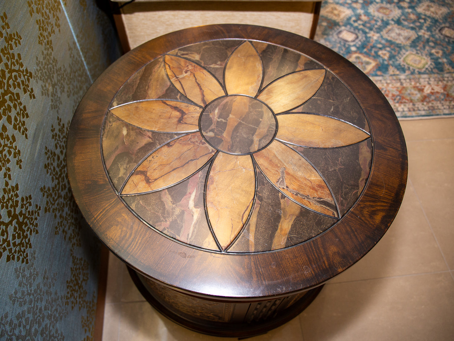 Round Side Table Cabinet – Ornate Leaf Inlay & Floral Carved Doors