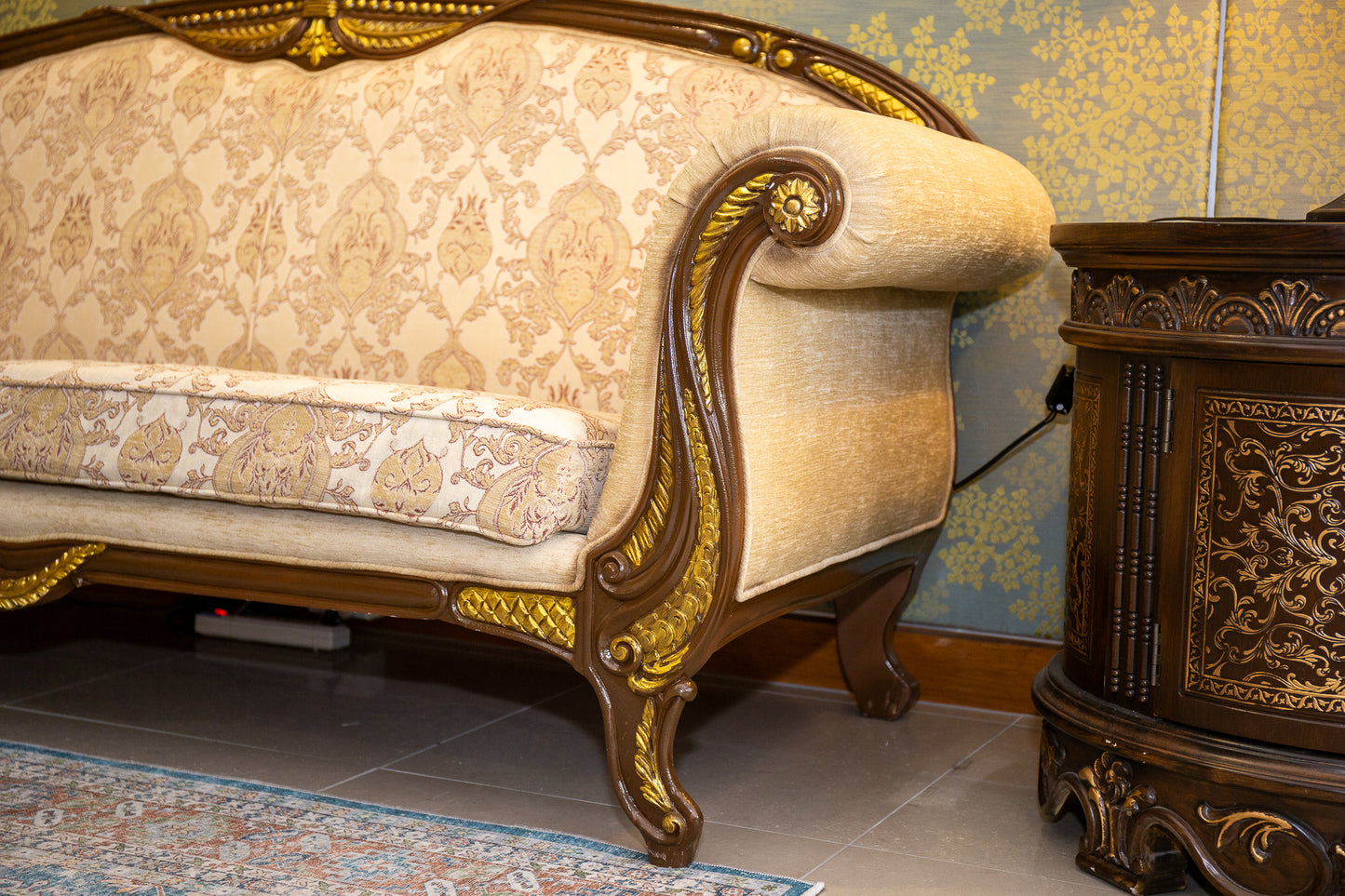 Luxury Italian Three-Seater Sofa – Cream with Golden Trim