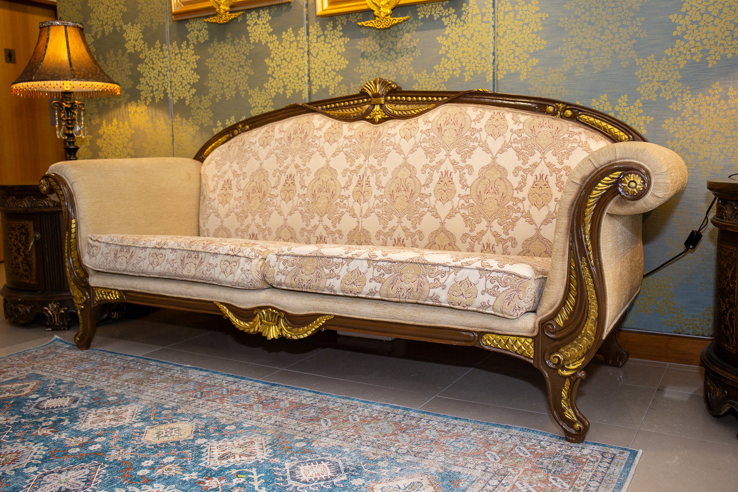 Luxury Italian Three-Seater Sofa – Cream with Golden Trim