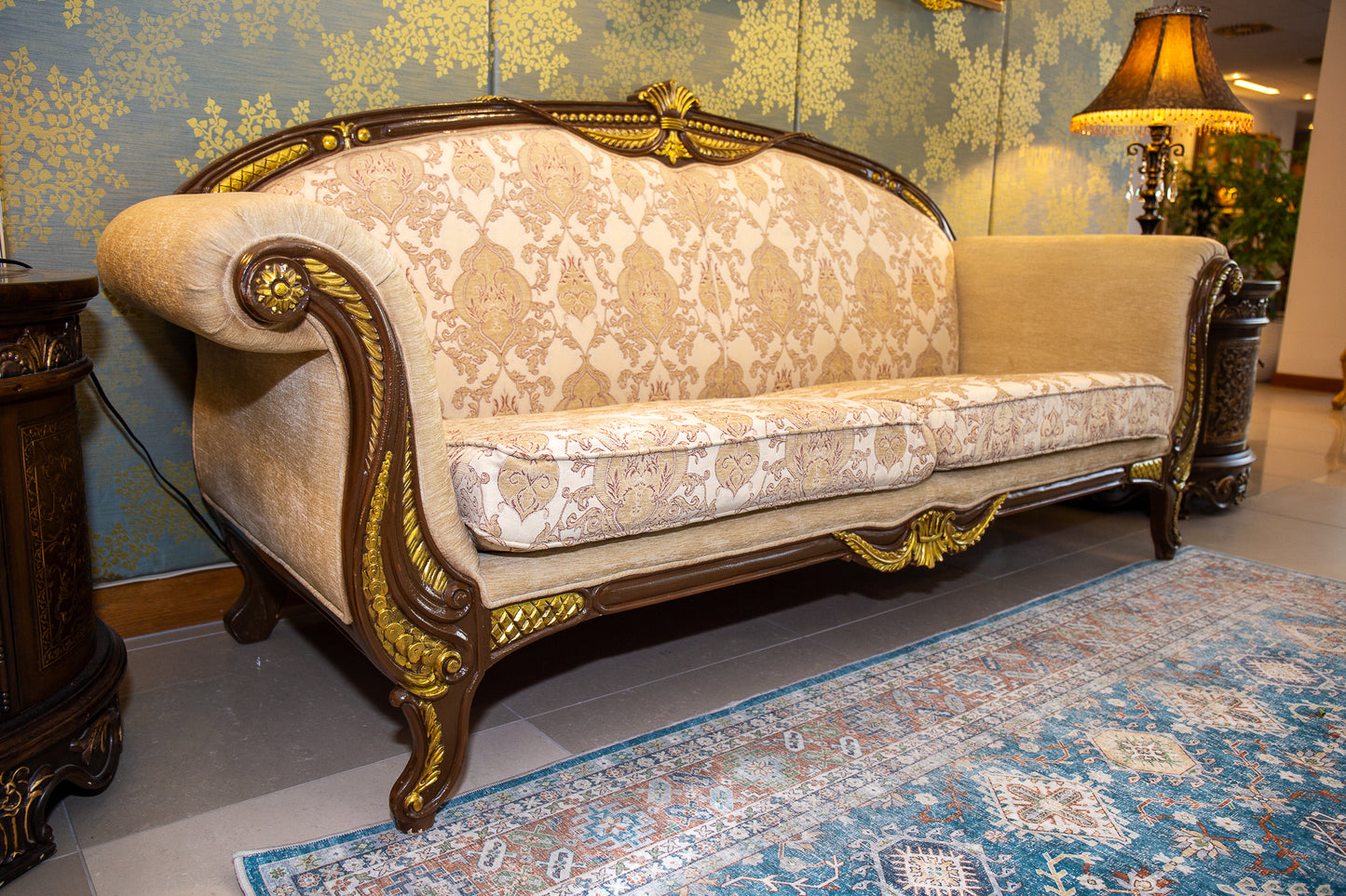Luxury Italian Three-Seater Sofa – Cream with Golden Trim