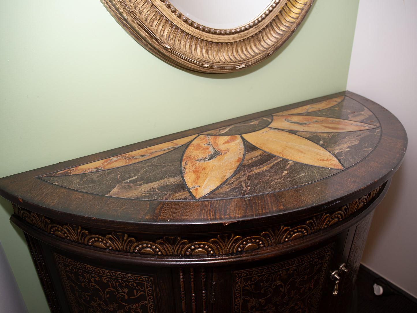 Antique Half Circle Cabinet – Ornate Leaf Inlay & Floral Carved Doors