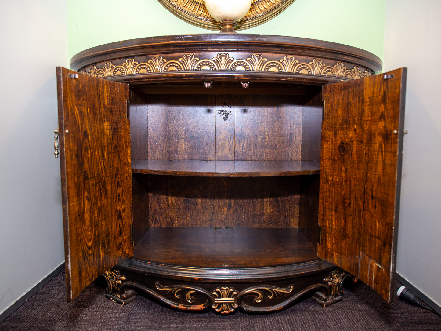 Antique Half Circle Cabinet – Ornate Leaf Inlay & Floral Carved Doors