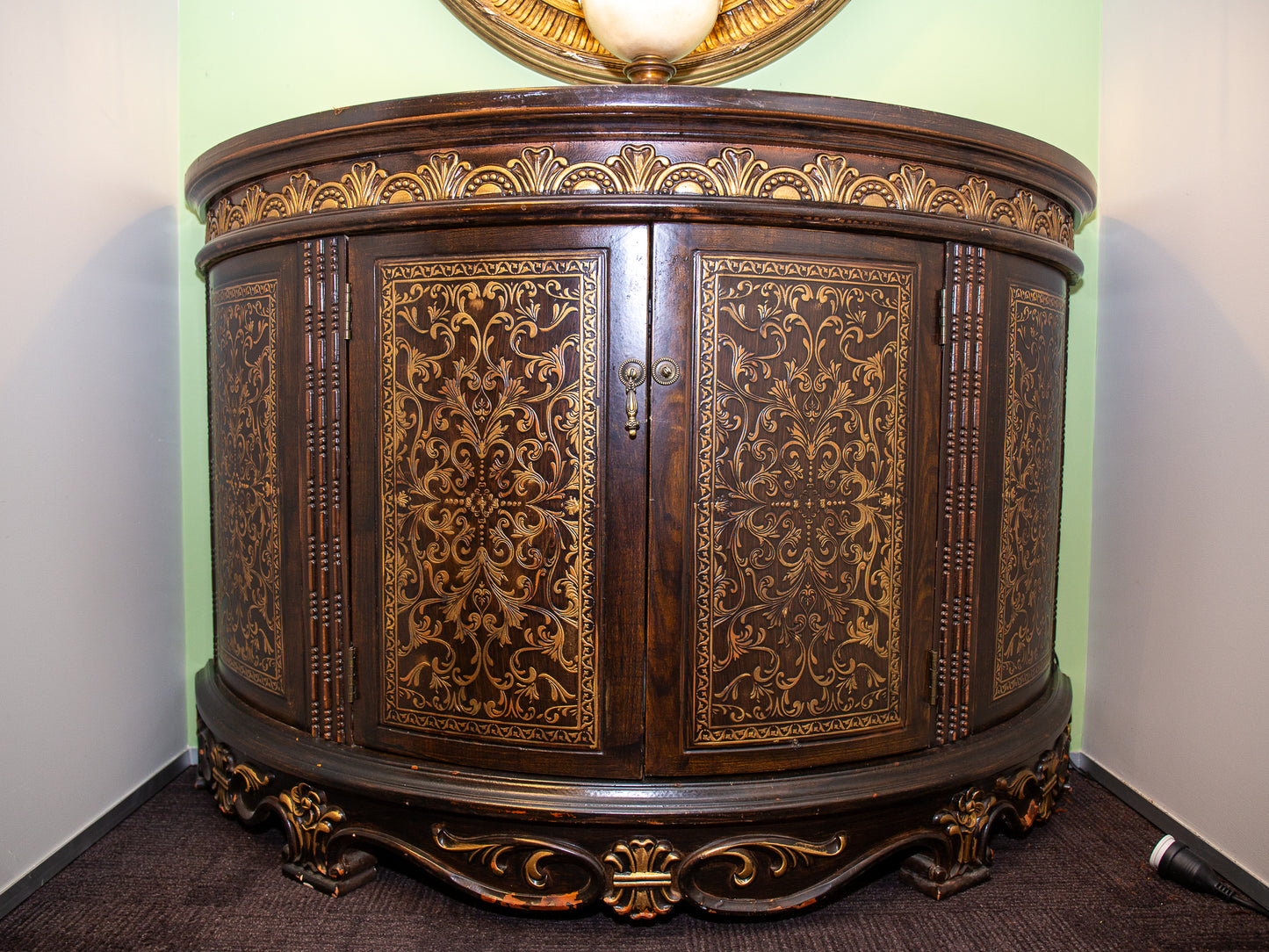 Antique Half Circle Cabinet – Ornate Leaf Inlay & Floral Carved Doors