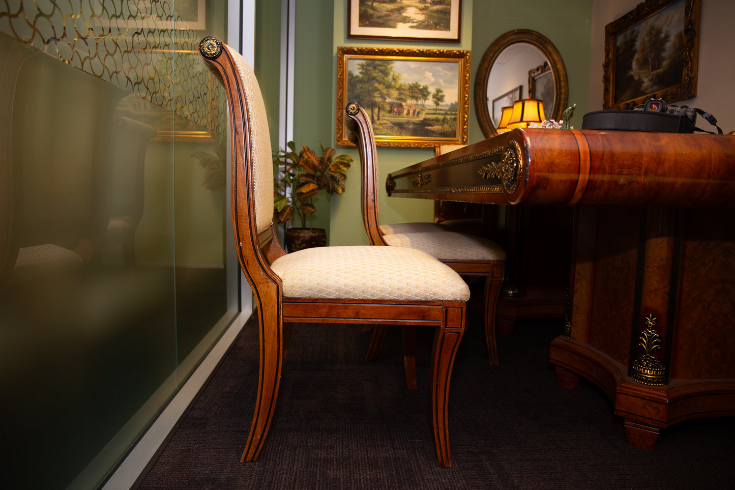 Ornate Dining Table / Meeting Table with 8 Carved Upholstered Chairs