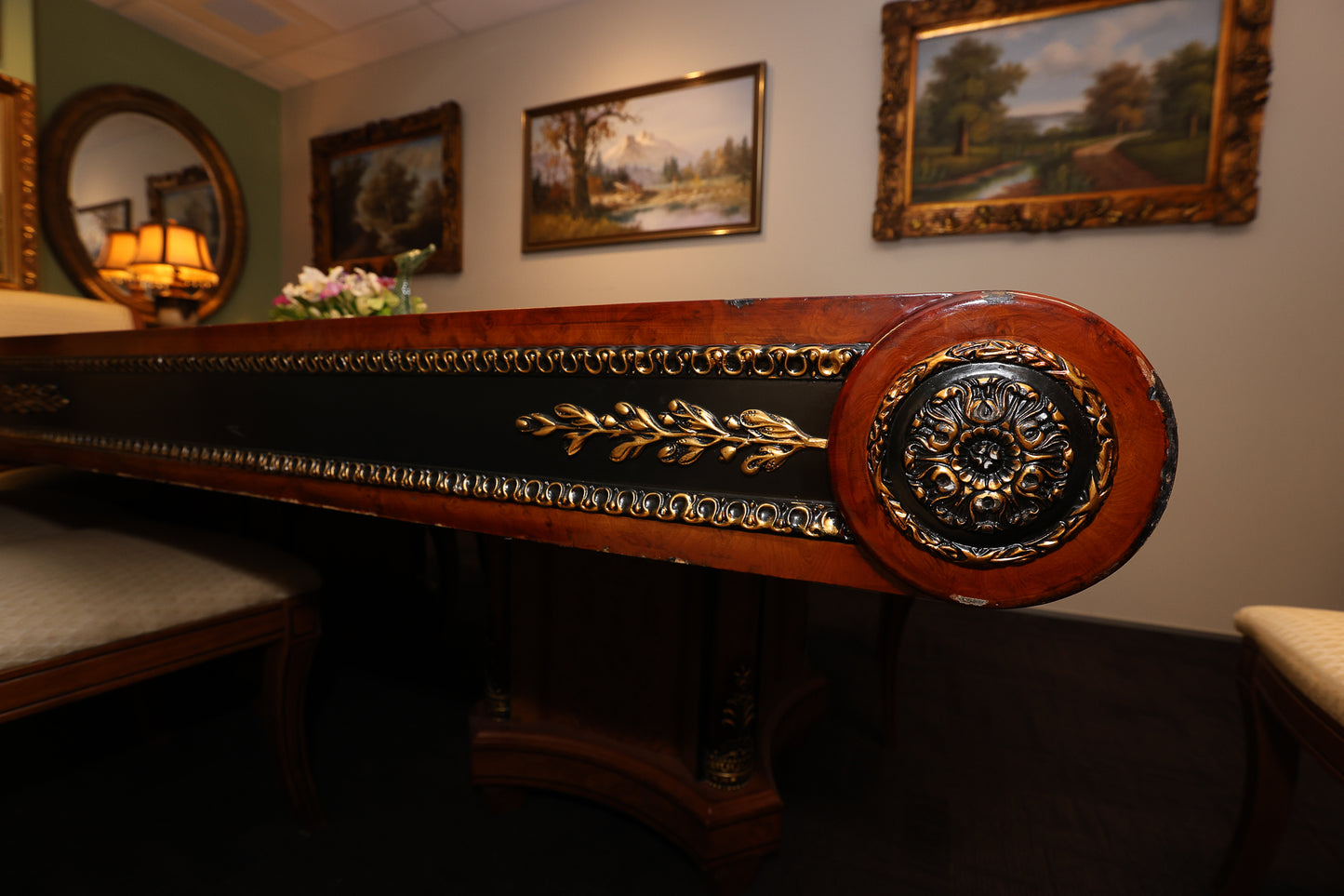 Ornate Dining Table / Meeting Table with 8 Carved Upholstered Chairs