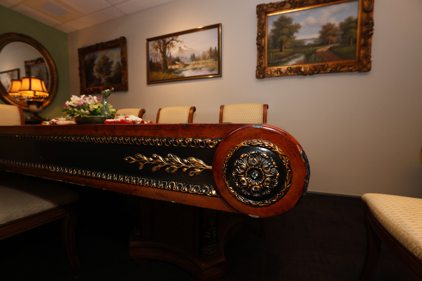 Ornate Dining Table / Meeting Table with 8 Carved Upholstered Chairs