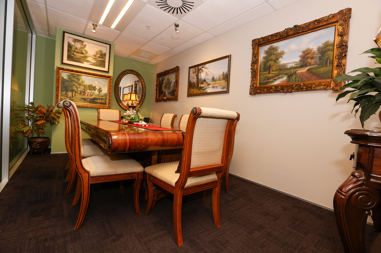 Ornate Dining Table / Meeting Table with 8 Carved Upholstered Chairs