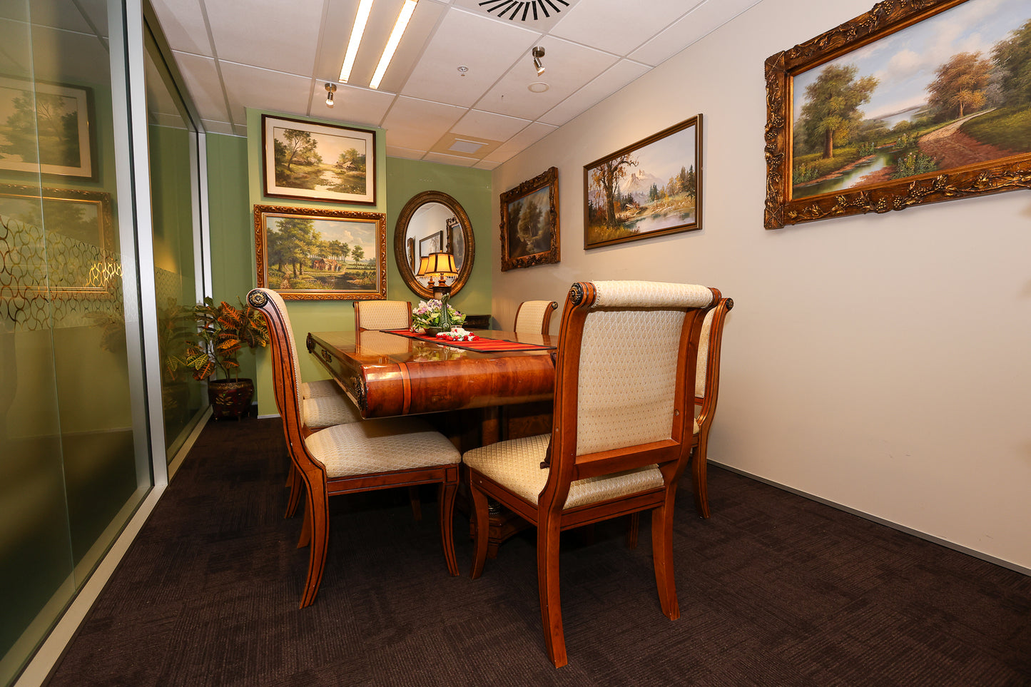 Ornate Dining Table / Meeting Table with 8 Carved Upholstered Chairs