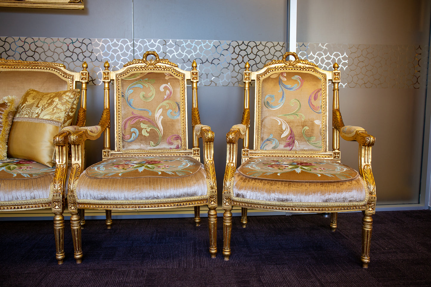 5 Piece French Provincial Giltwood Sofa Set – 4 Single Chairs & 1 Three-Seater