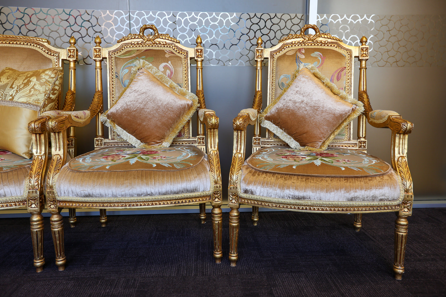 5 Piece French Provincial Giltwood Sofa Set – 4 Single Chairs & 1 Three-Seater