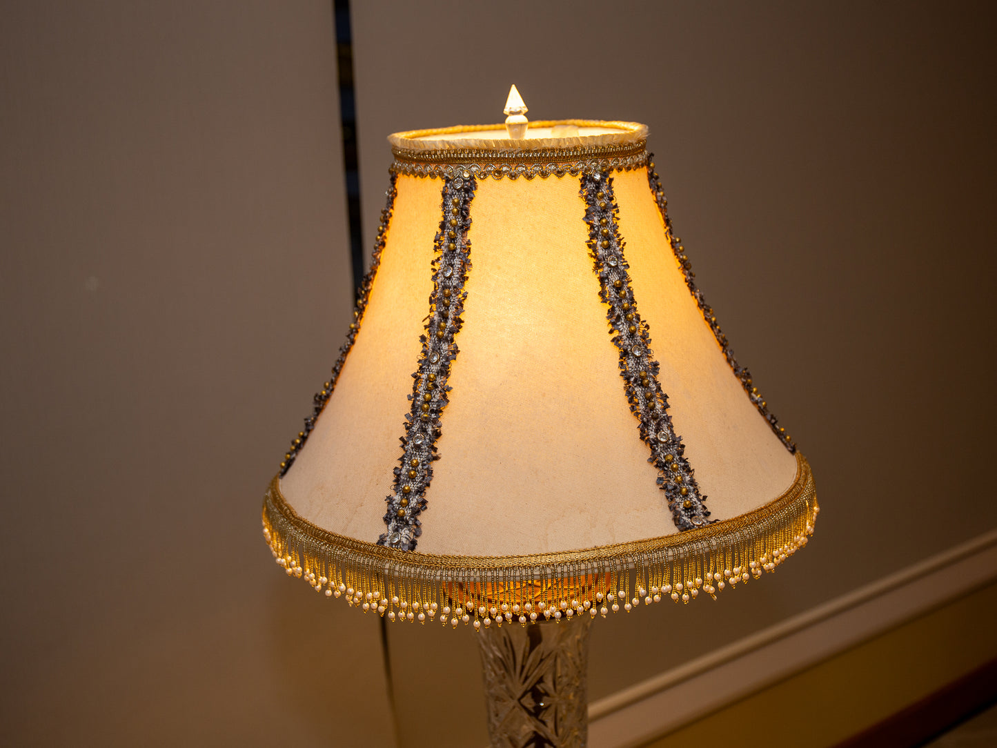 Crystal Bodied Glass Lamp – Crystal Base with Gold Accents and Pearl Trim