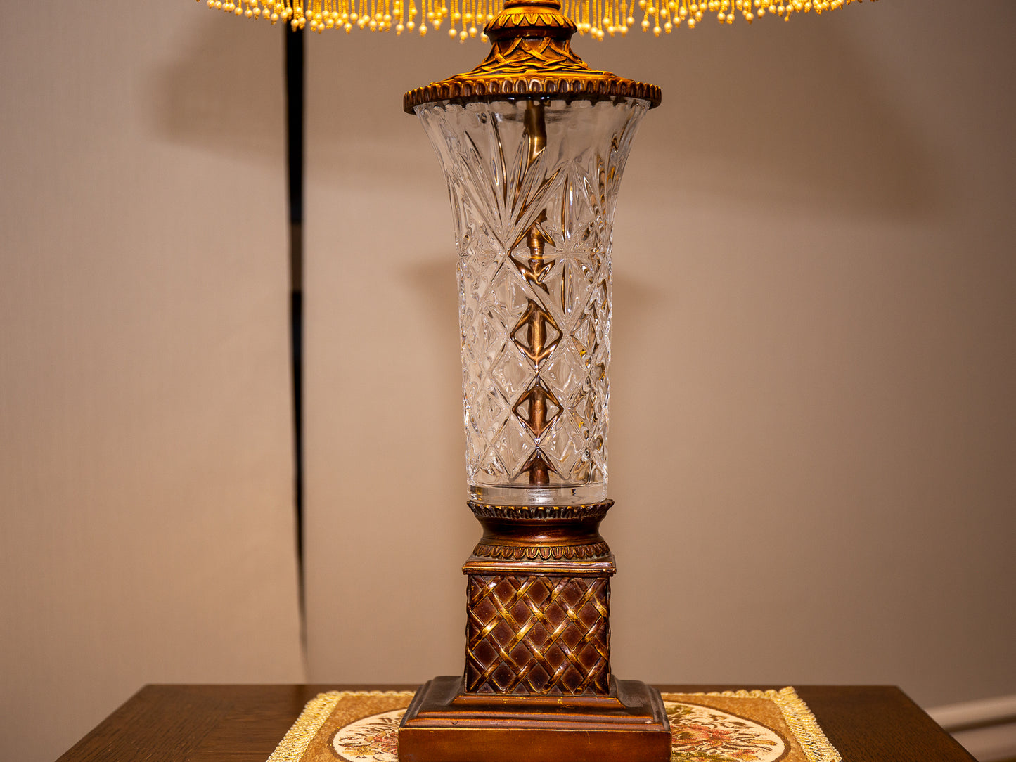 Crystal Bodied Glass Lamp – Crystal Base with Gold Accents and Pearl Trim