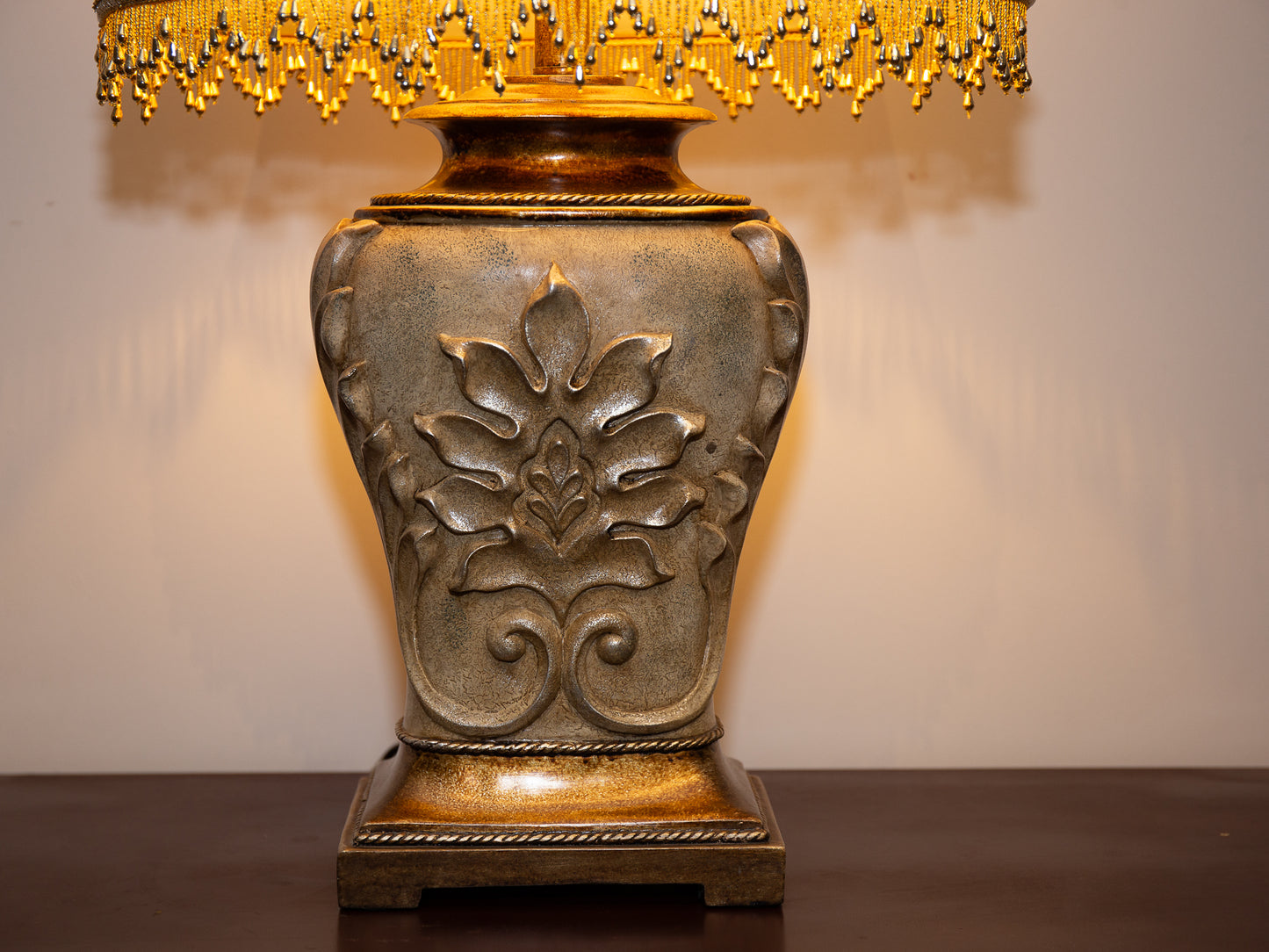 Lavish Carved Silver Lamp – Nature Motif with Gold Beaded Fringe