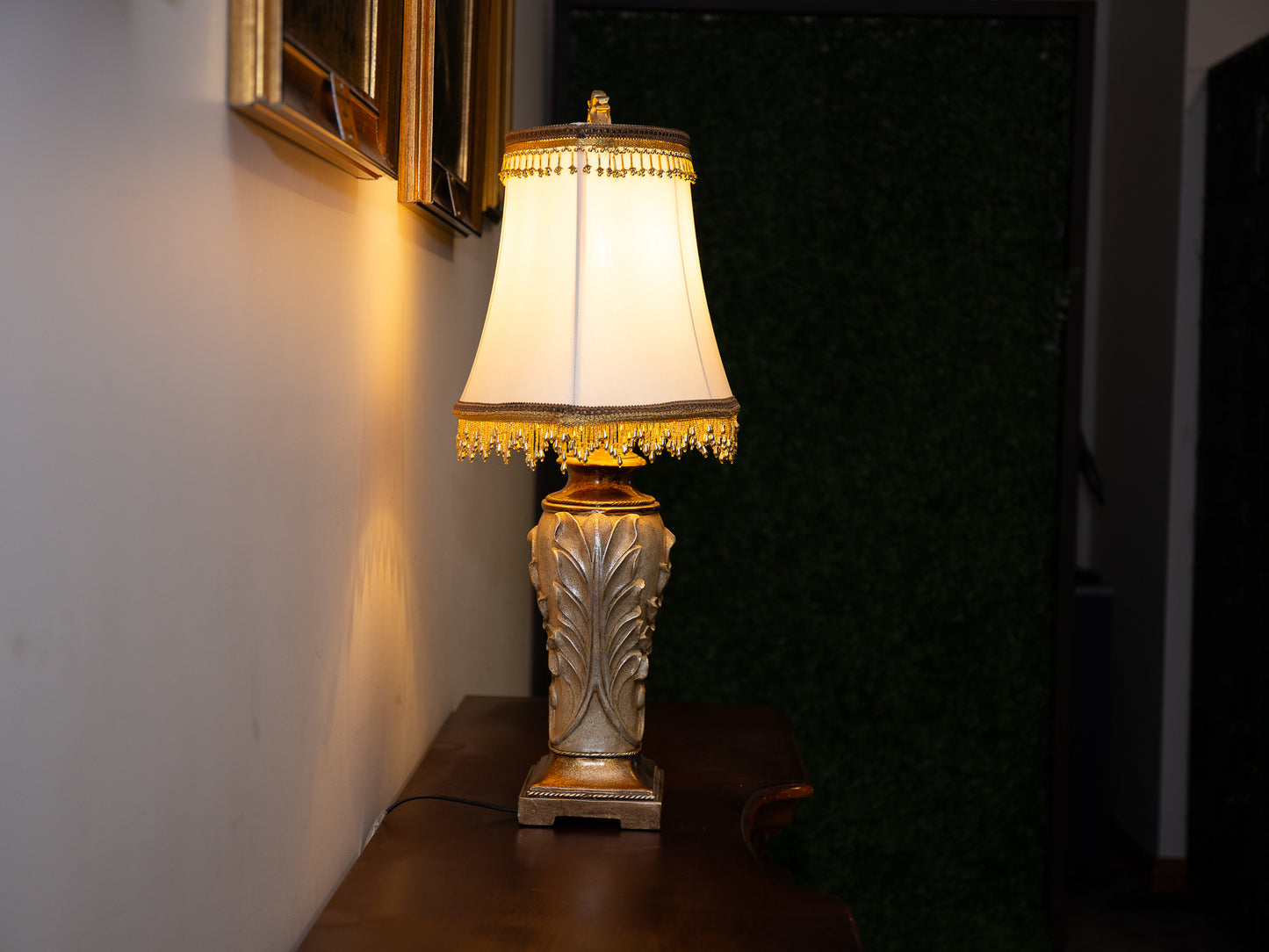 Lavish Carved Silver Lamp – Nature Motif with Gold Beaded Fringe