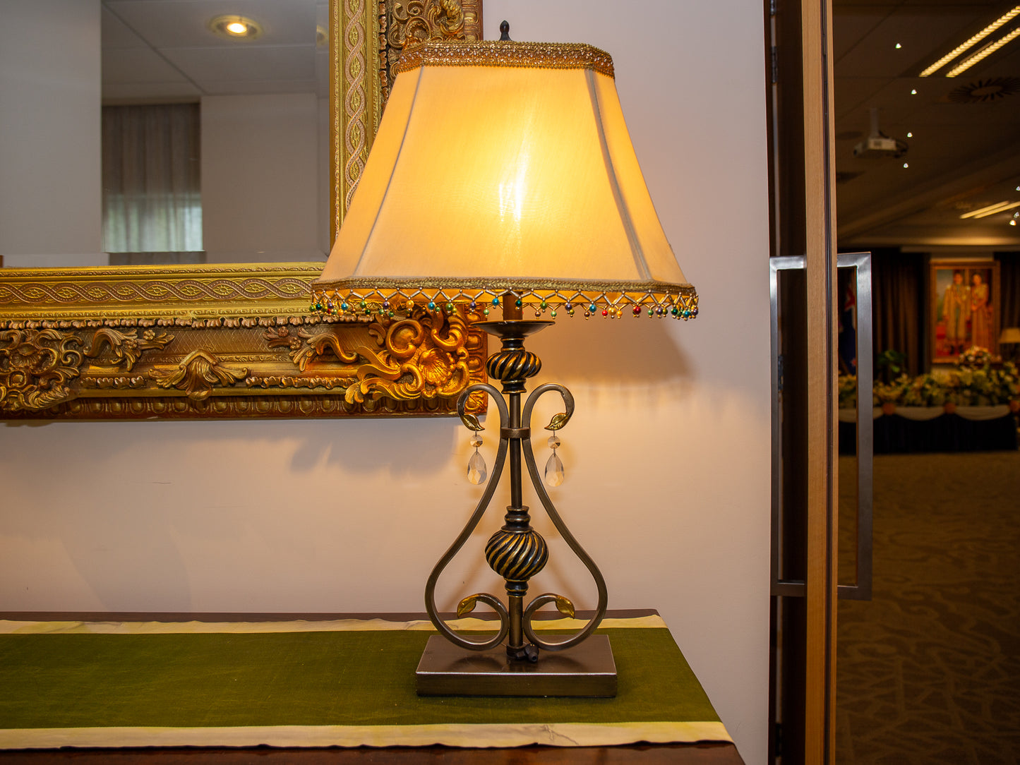 Decorative Table Lamp – Gold Frame with Beaded & Crystal Accents