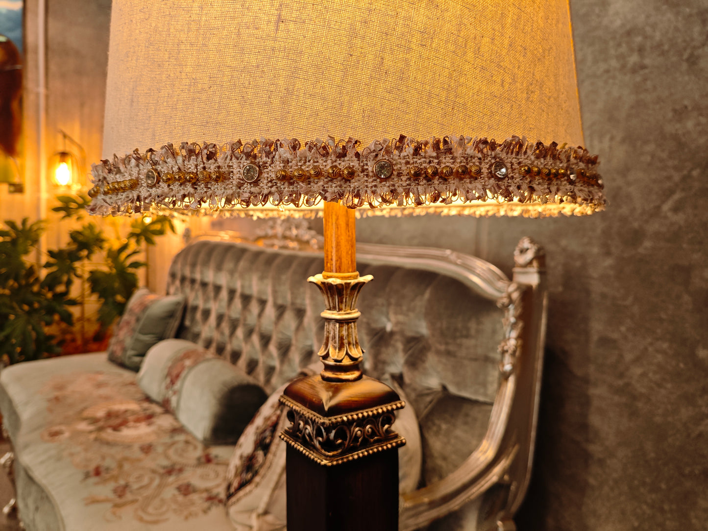 Vintage Table Lamp with Floral Embellished Shade
