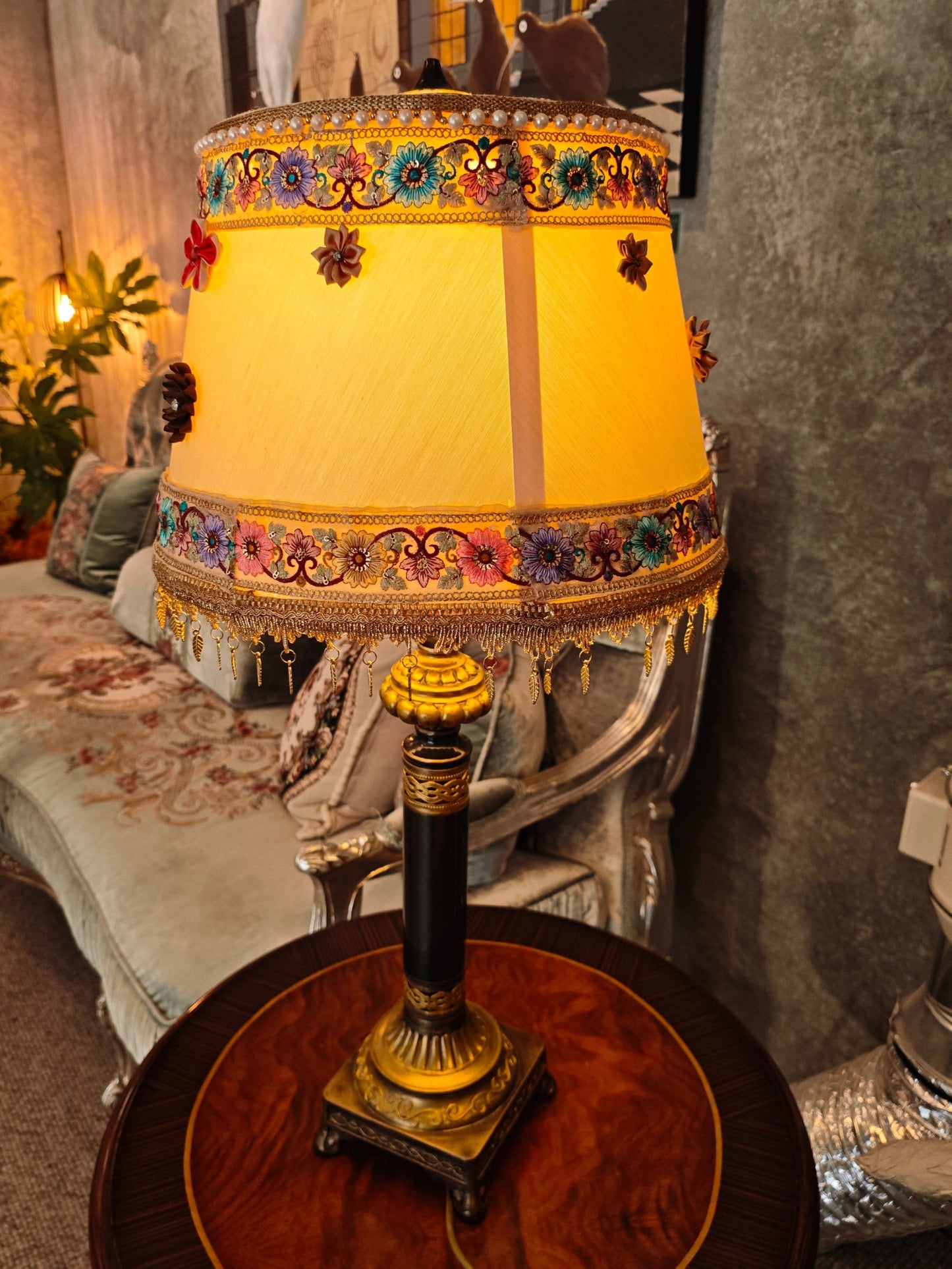 Vintage Table Lamp with Floral Embellished Shade