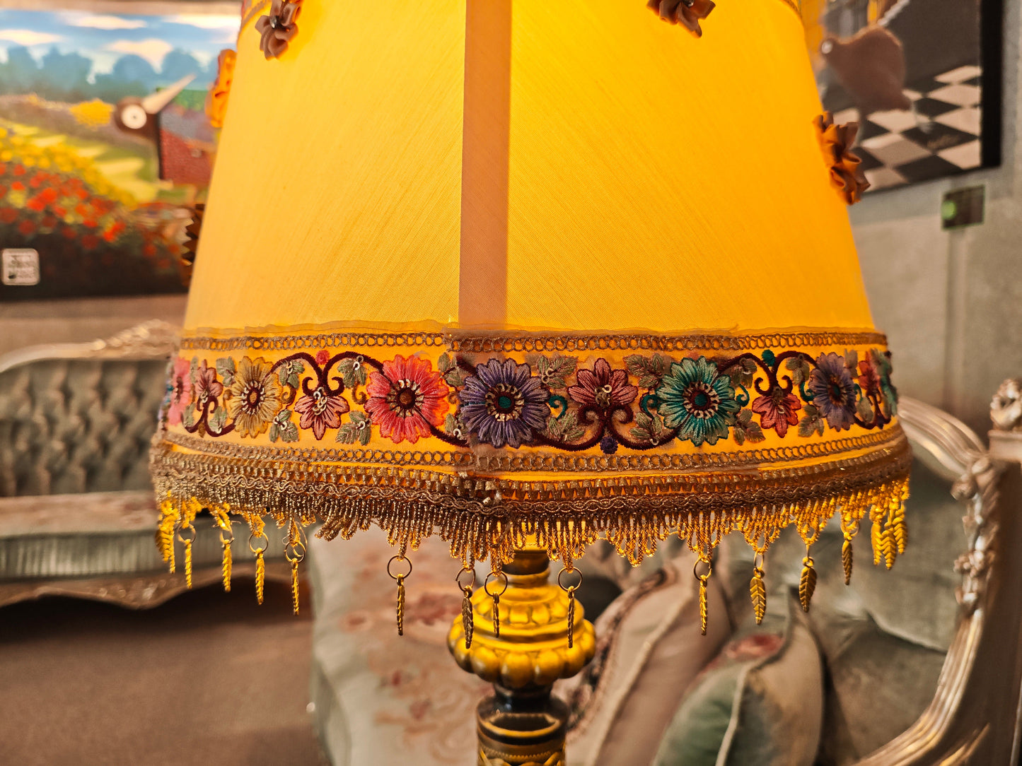 Vintage Table Lamp with Floral Embellished Shade