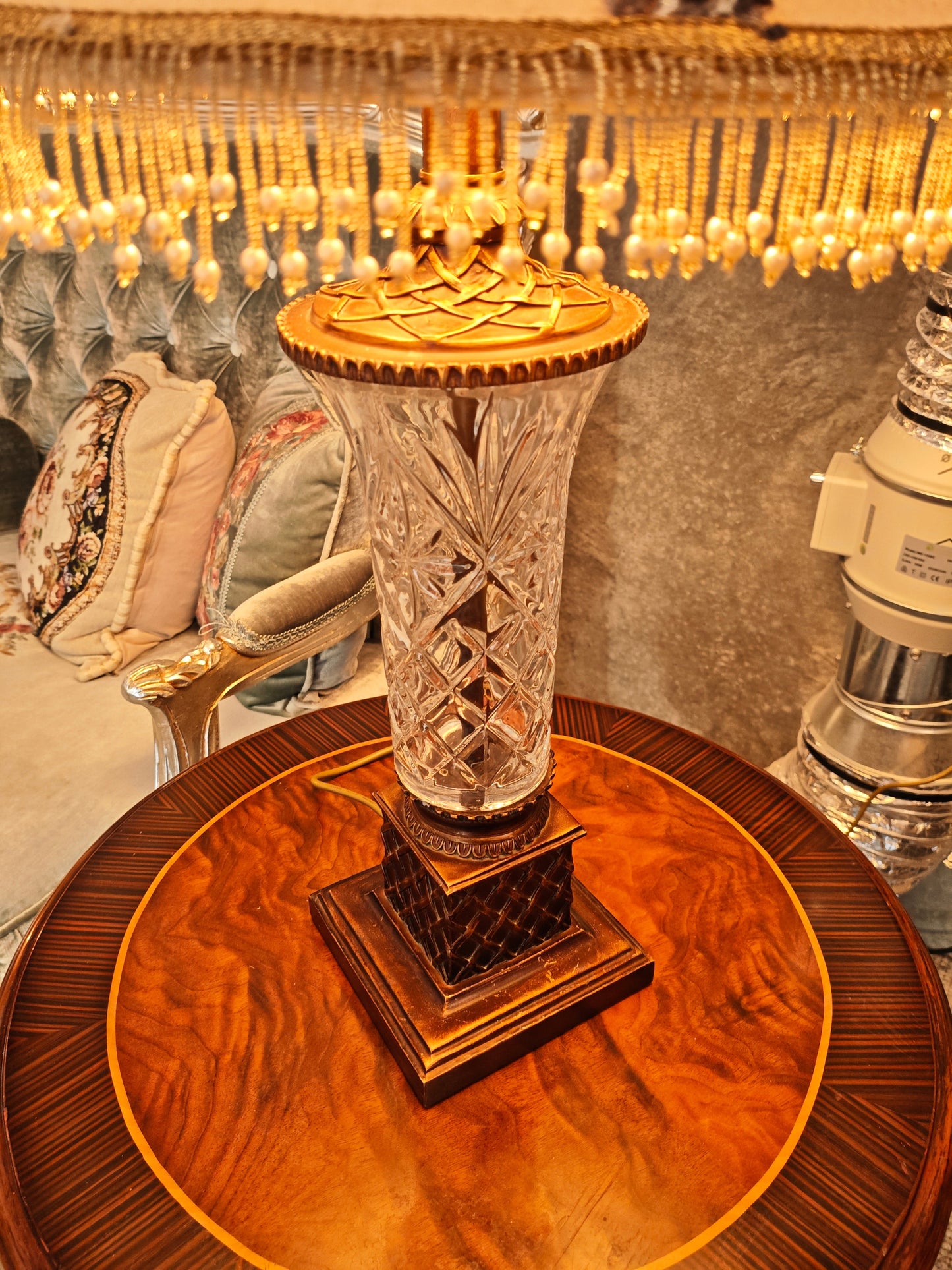 Crystal Bodied Glass Lamp – Crystal Base with Gold Accents and Pearl Trim
