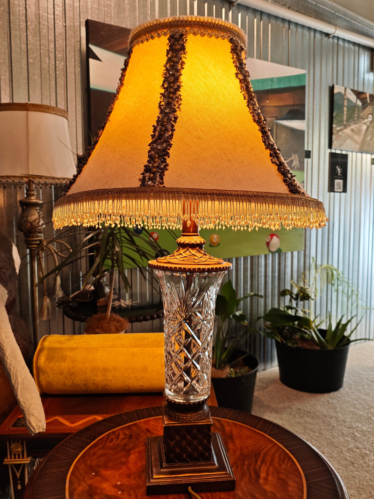 Crystal Bodied Glass Lamp – Crystal Base with Gold Accents and Pearl Trim