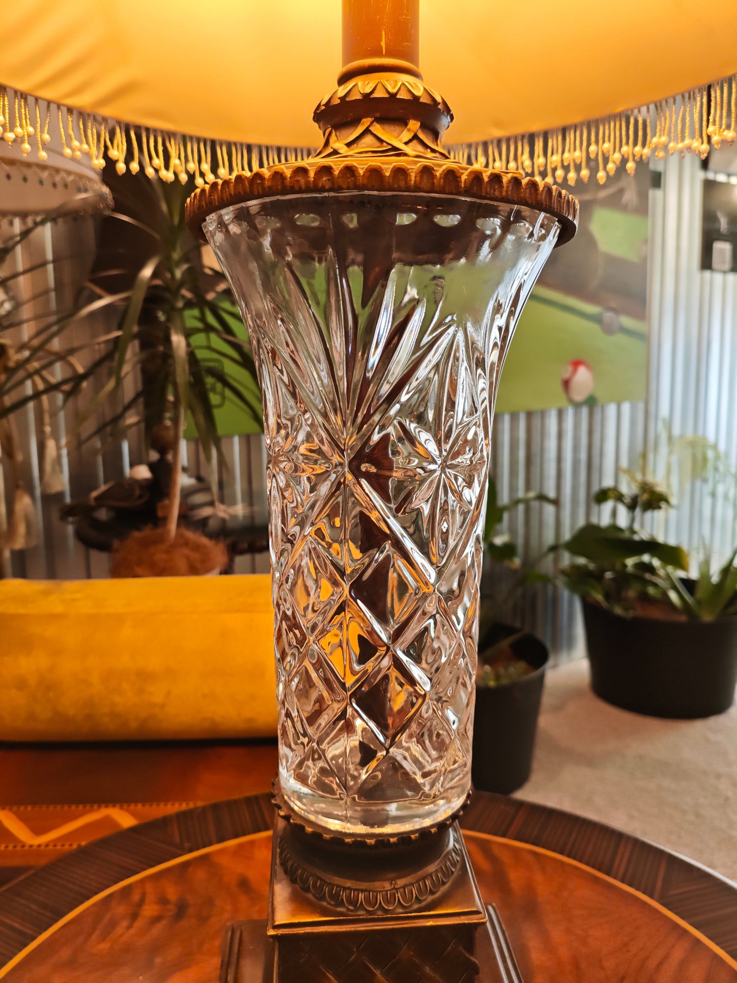 Crystal Bodied Glass Lamp – Crystal Base with Gold Accents and Pearl Trim