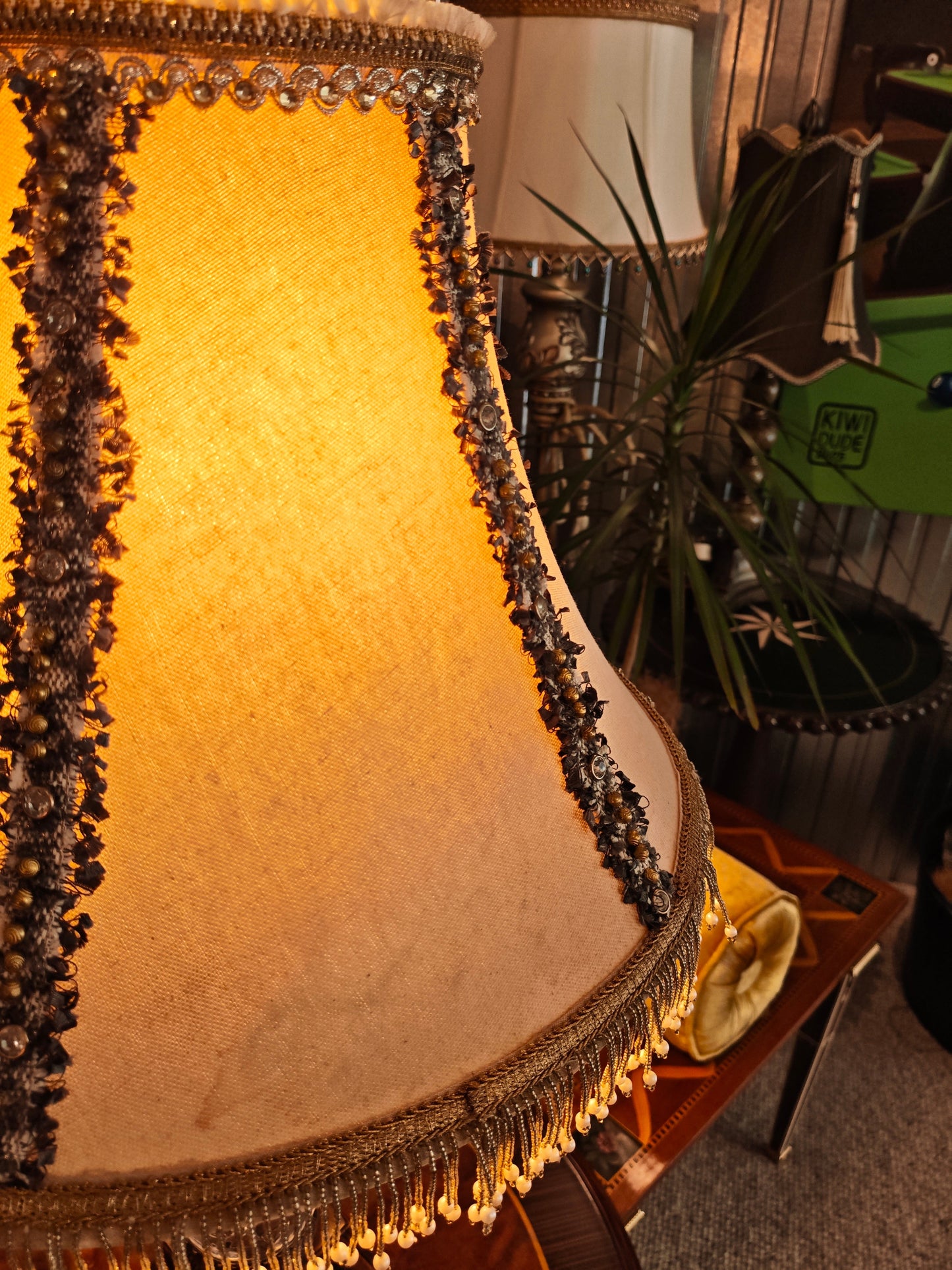Crystal Bodied Glass Lamp – Crystal Base with Gold Accents and Pearl Trim