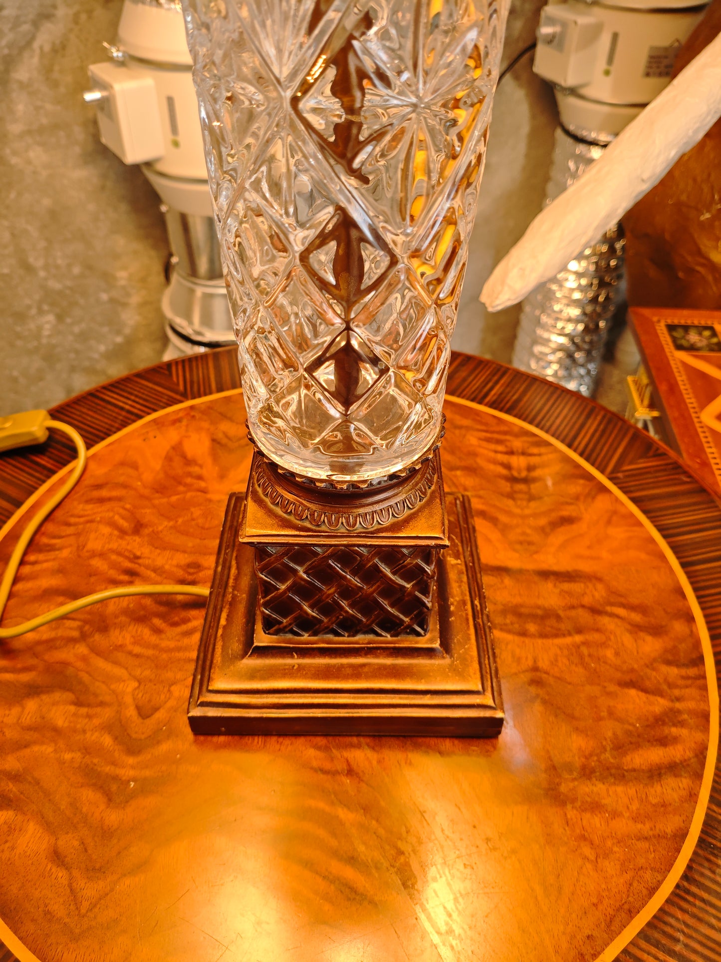 Crystal Bodied Glass Lamp – Crystal Base with Gold Accents and Pearl Trim