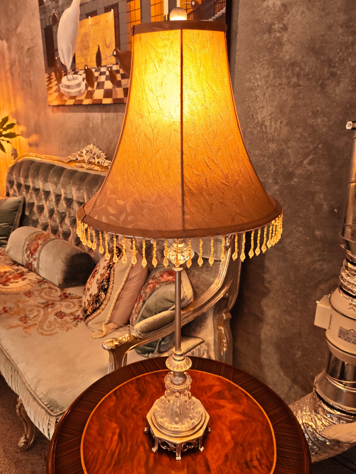 Silver and Glass Adorned Slim Lamp – Brown Shade with Crystal Trim