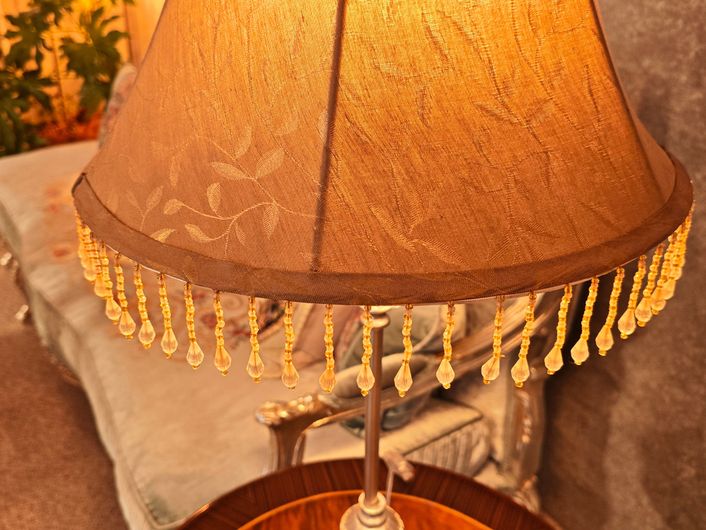 Silver and Glass Adorned Slim Lamp – Brown Shade with Crystal Trim