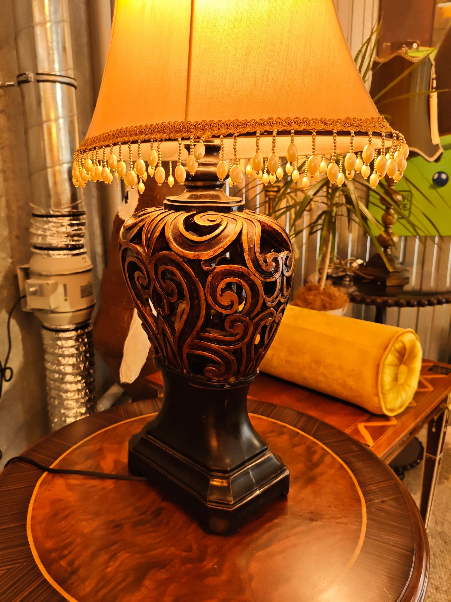 Decorative Table Lamp – Carved Wooden Base with Pearl Trim Shade
