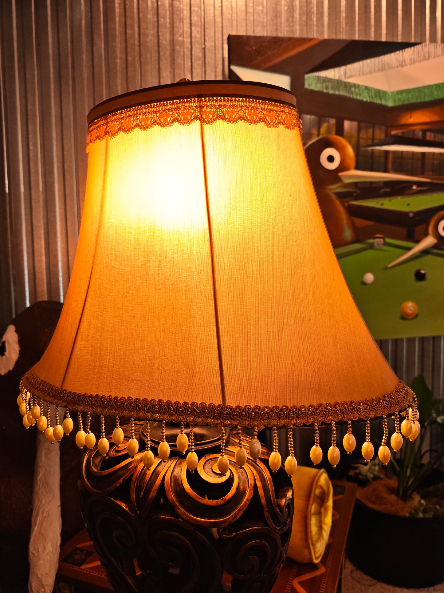 Decorative Table Lamp – Carved Wooden Base with Pearl Trim Shade