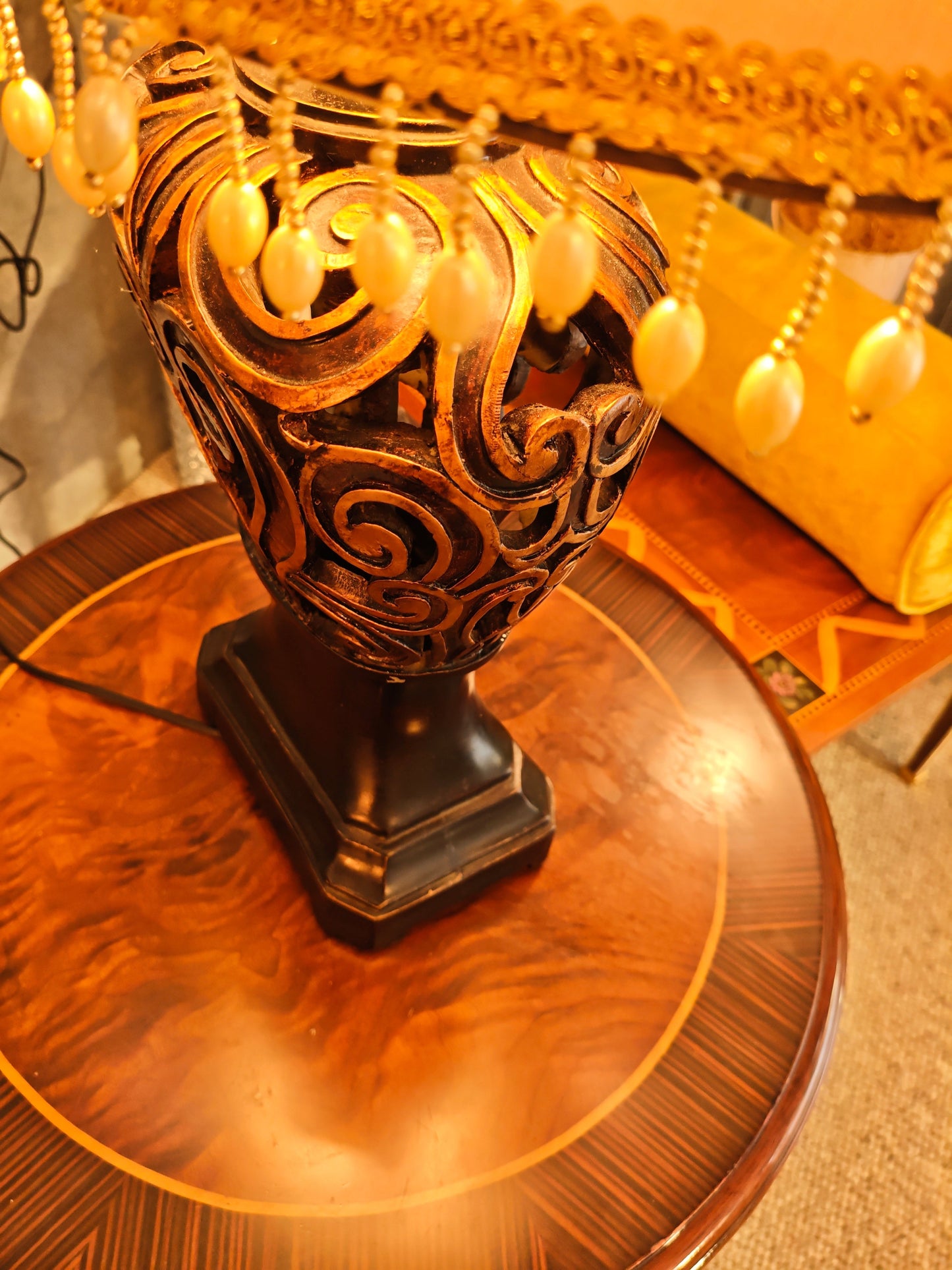Decorative Table Lamp – Carved Wooden Base with Pearl Trim Shade