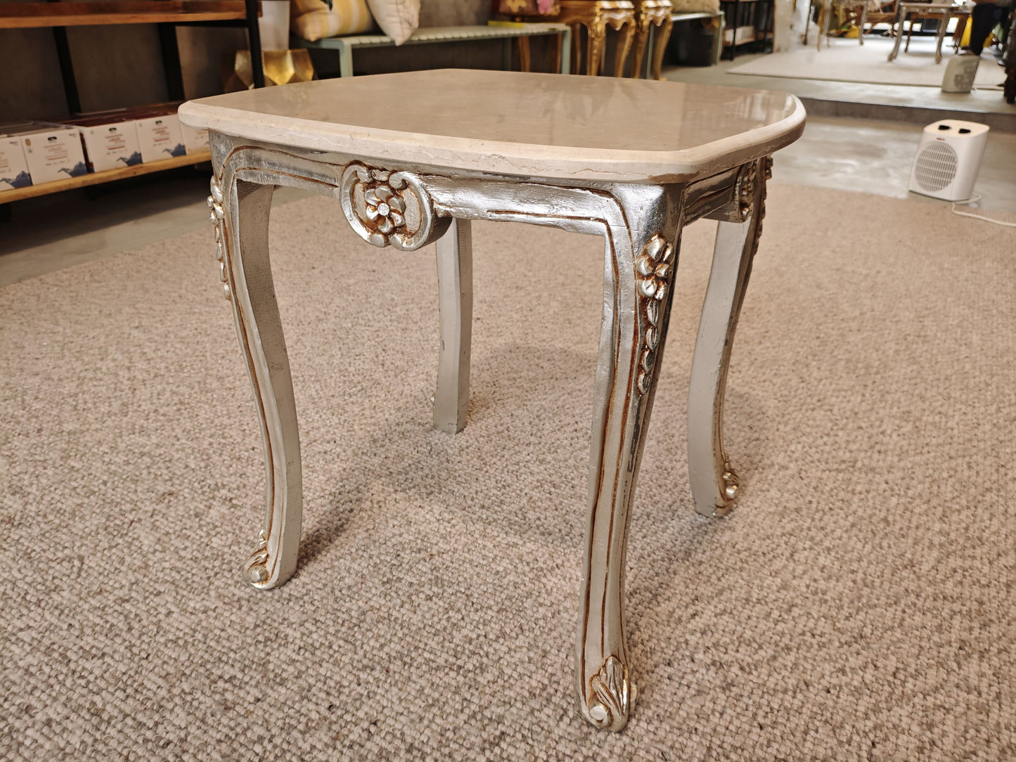 Rococo Style Marble Topped Silver Side Table