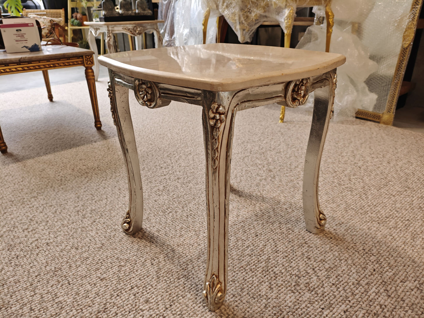 Rococo Style Marble Topped Silver Side Table