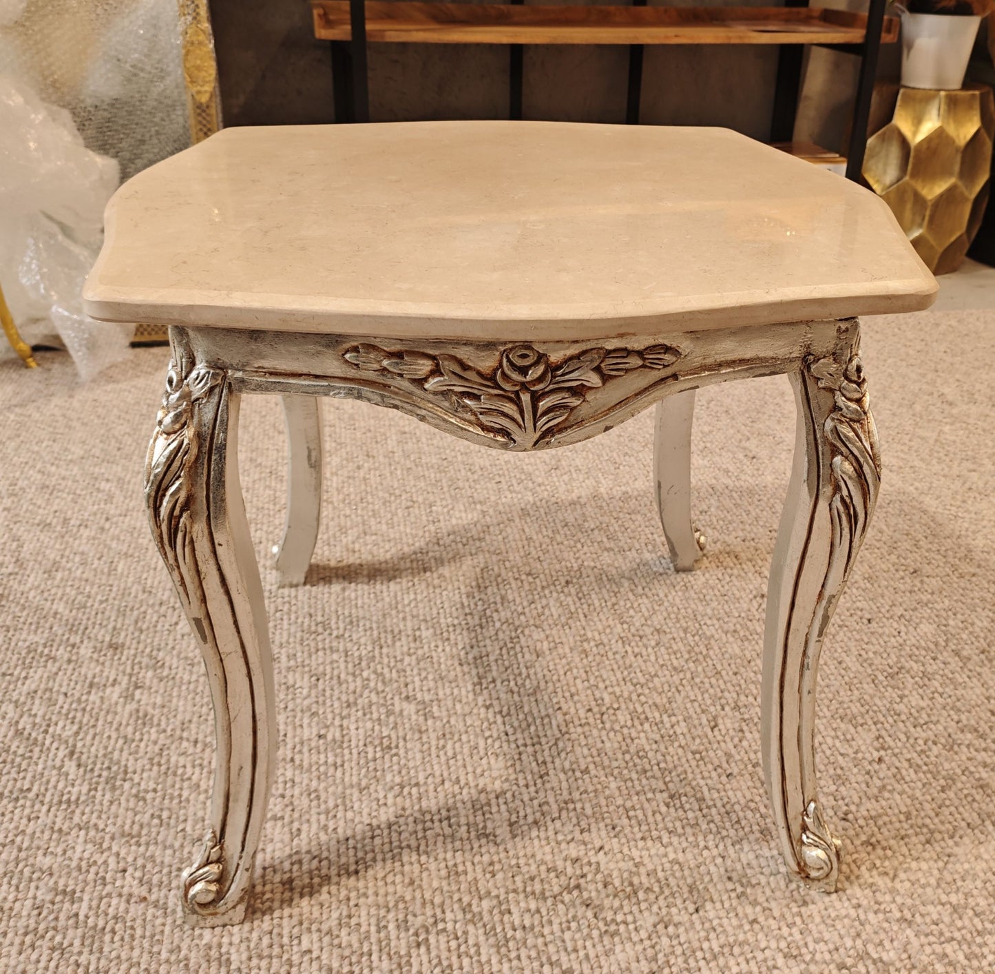 Rococo Style Marble Topped Silver Side Table