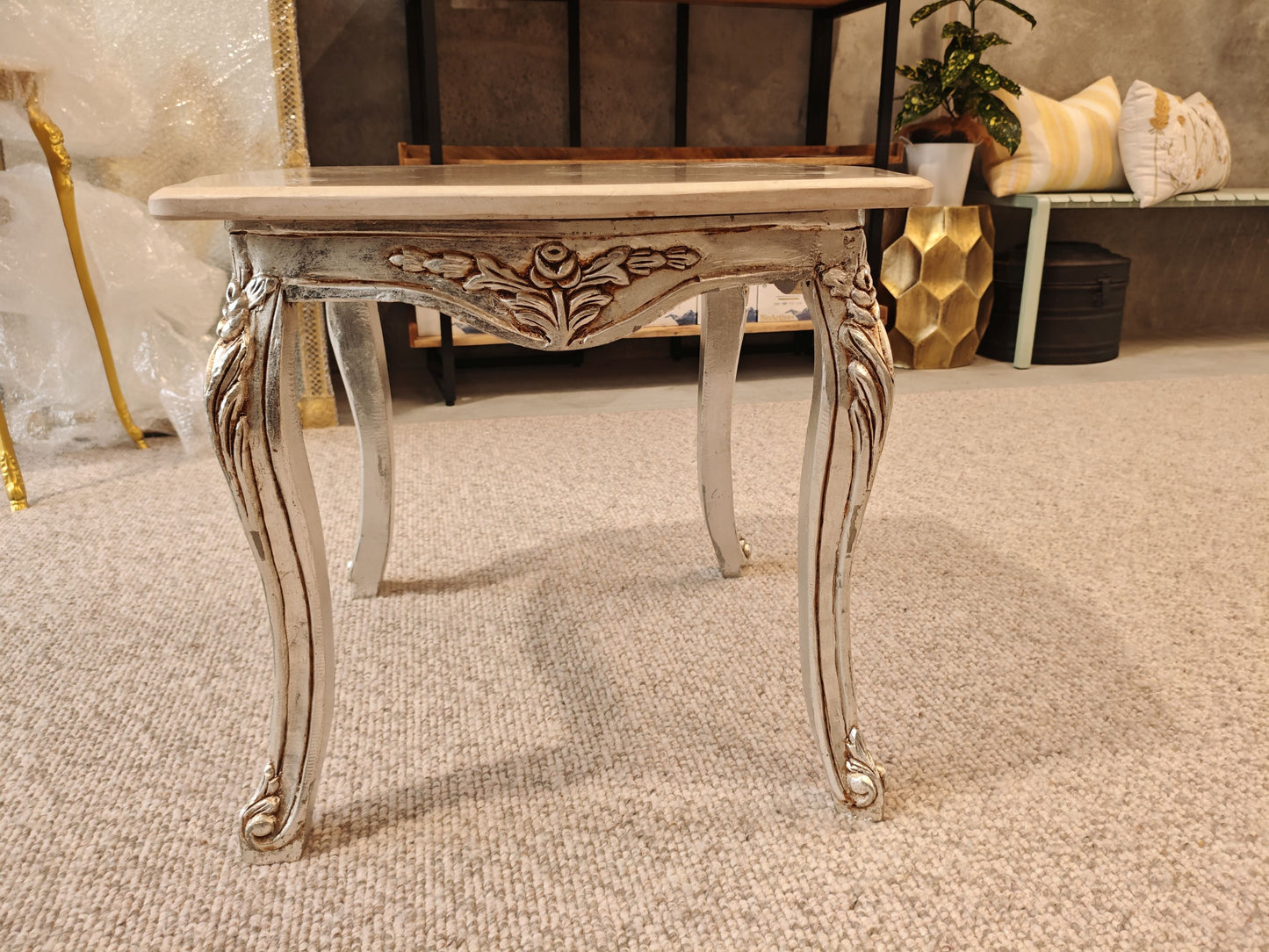 Rococo Style Marble Topped Silver Side Table