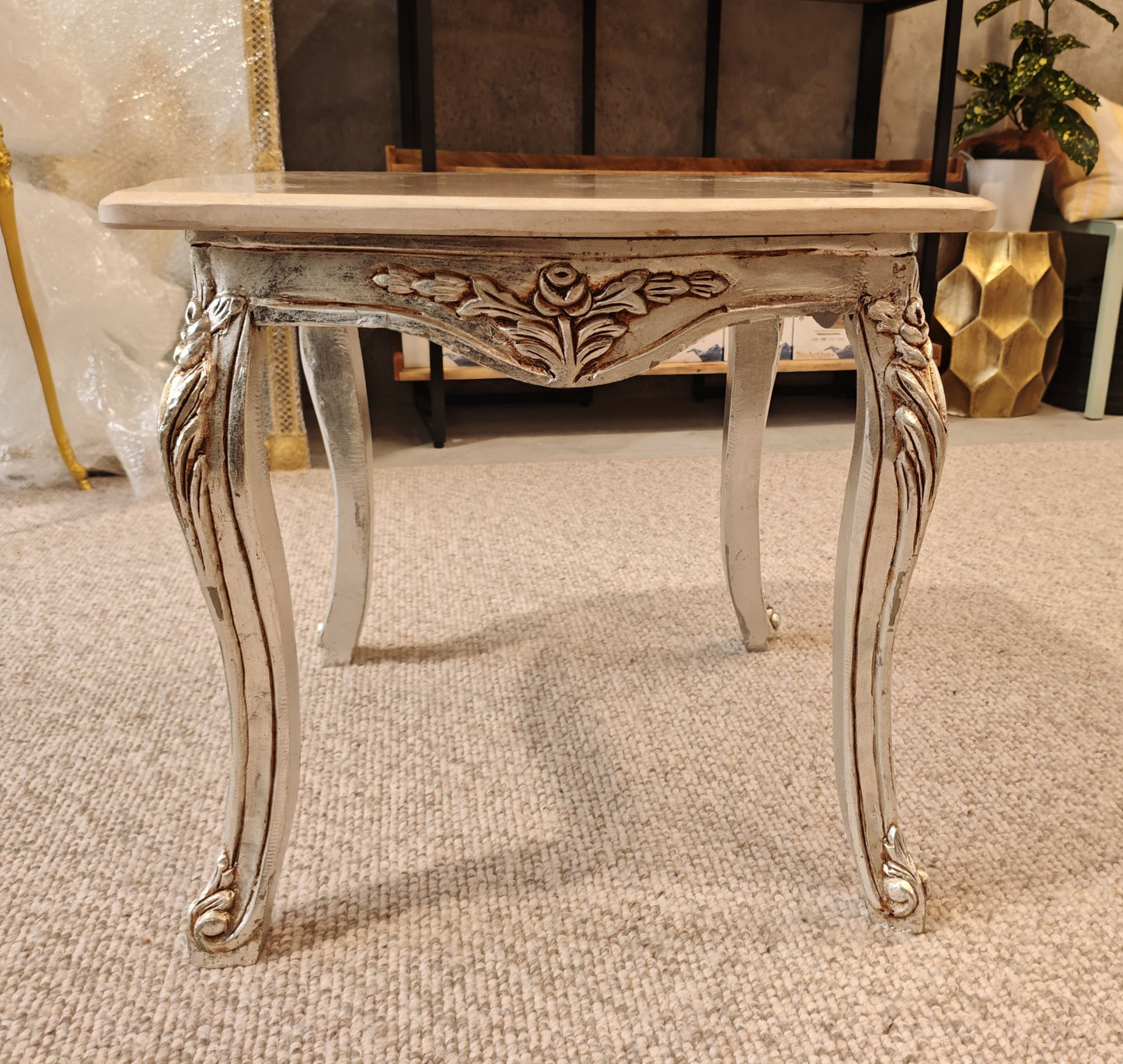 Rococo Style Marble Topped Silver Side Table