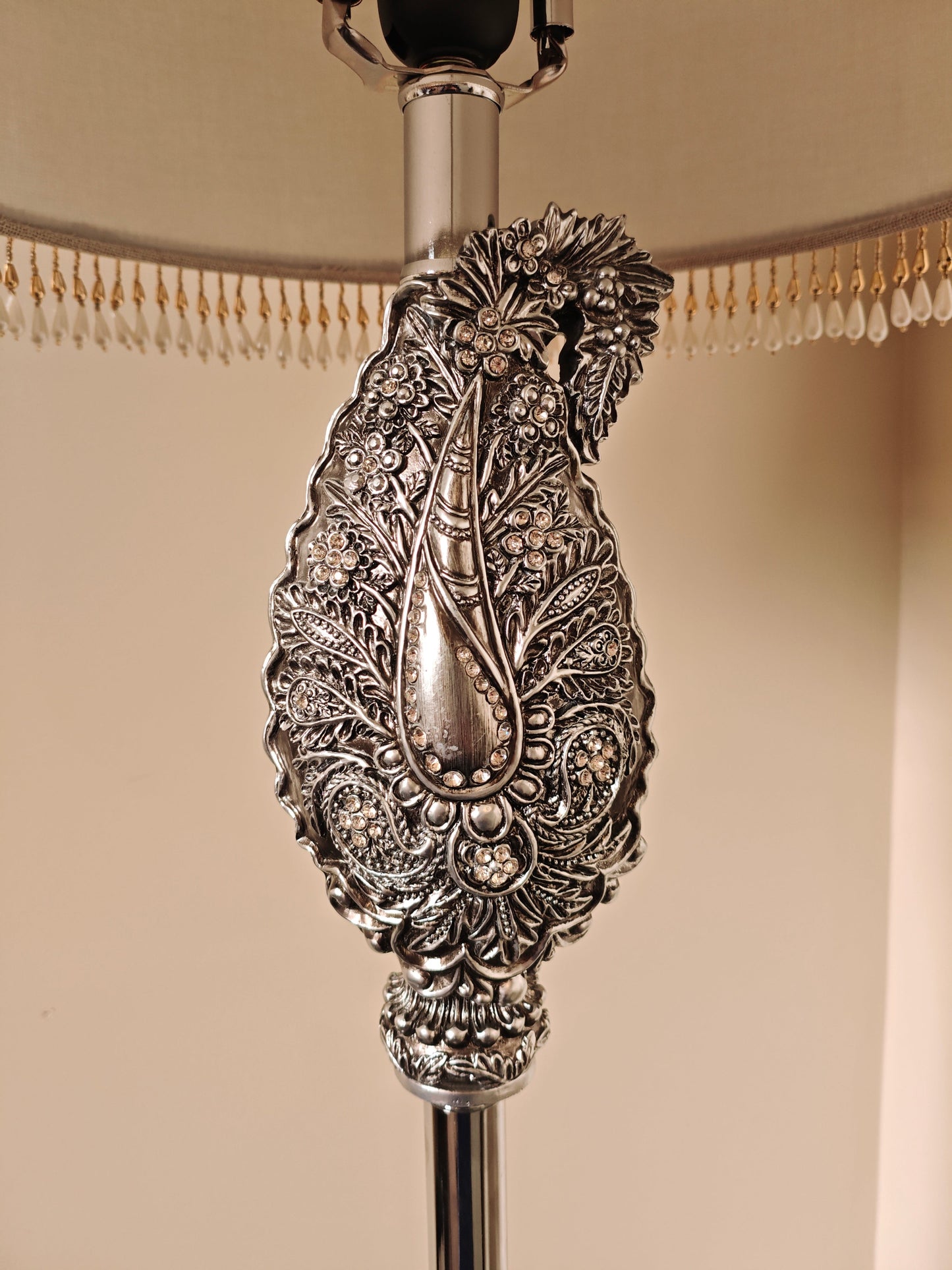 Elegant Silver Floor Lamp with Textured Shade and Ornate Detail