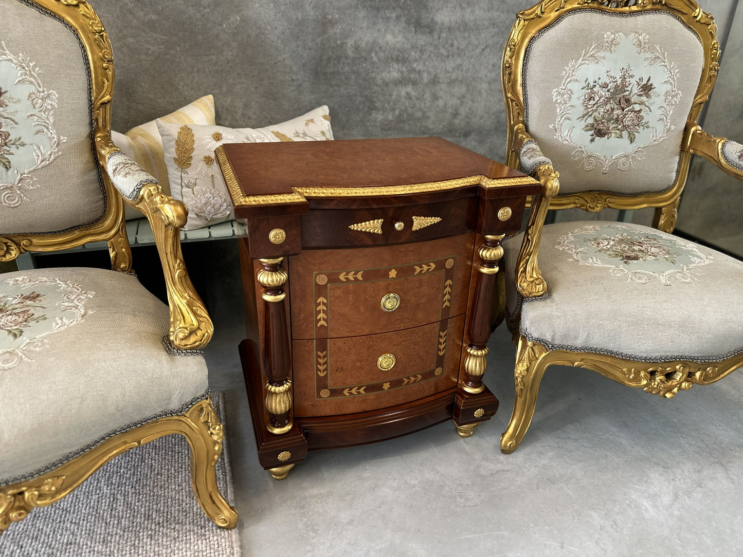 19th Century French style Bedside Table with Marquetry Inlay look with Giltwood Accents