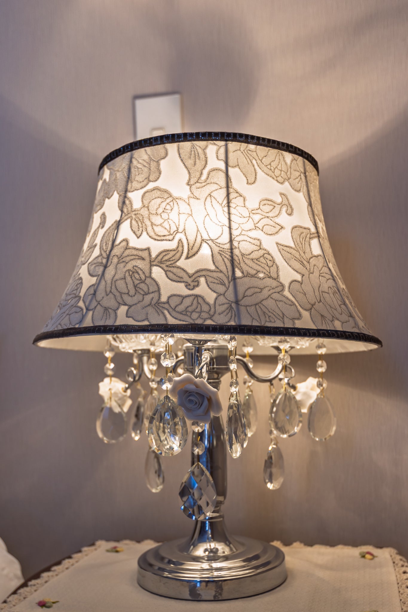 Elegant Silver Table Lamp with Floral Shade and Crystal Drops