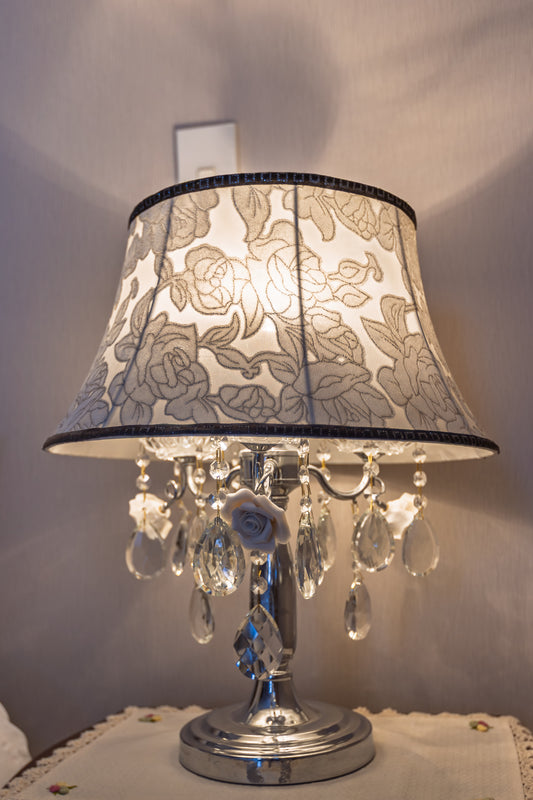 Elegant Silver Table Lamp with Floral Shade and Crystal Drops