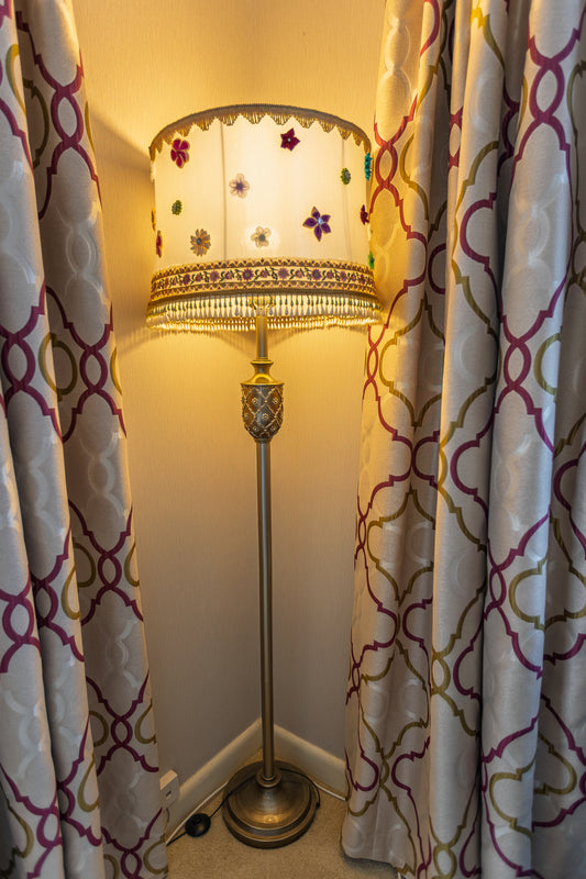 Unique Gold-Tone Floor Lamp with Floral Embellished Shade