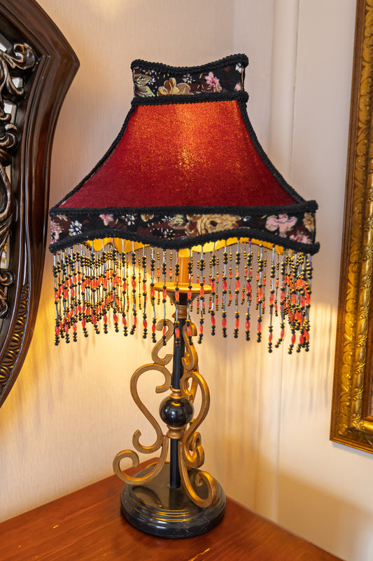 Unique Ornate Table Lamp with Red Beaded Shade