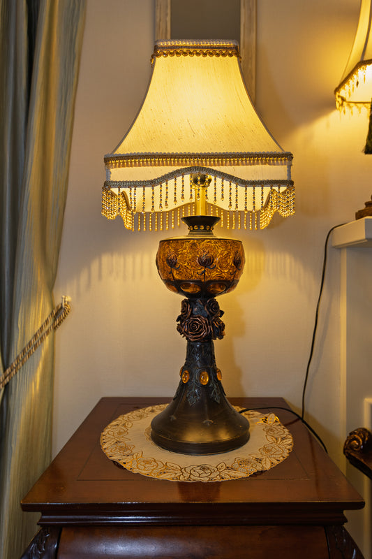 Vintage-Style Table Lamp with Rose Detail and Beaded Shade