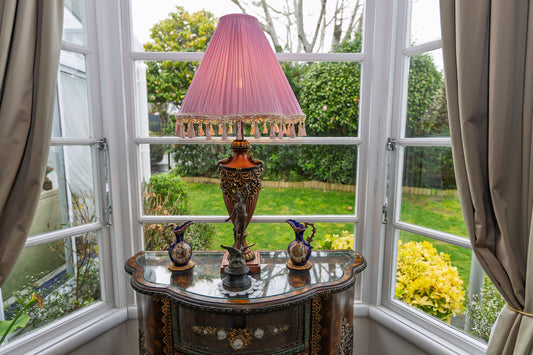 Vintage-Style Ornate Table Lamp with Pink Pleated Shade