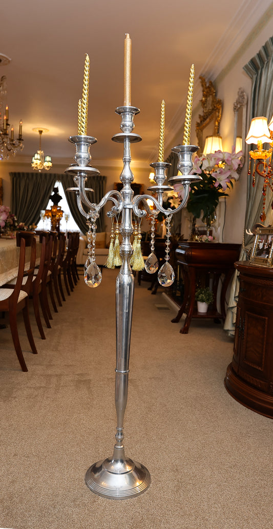 Grand Silver-Tone Floor Candelabra with Crystal Prisms