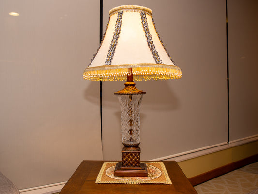 Crystal Bodied Glass Lamp  – Crystal Base with Gold Accents and Pearl Trim