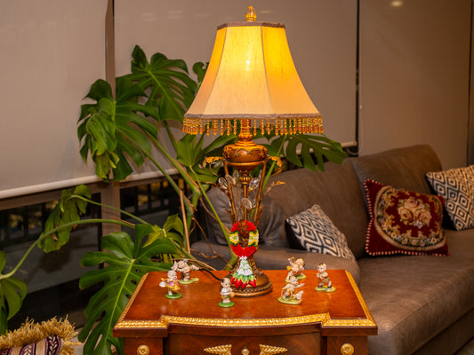 Floral Design Lamp – Ornate Brass Base with Crystal-Trimmed Shade