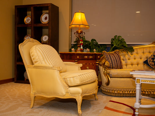 Elegant Cream/Gold Striped Upholstered Armchair with Classic Wood Frame