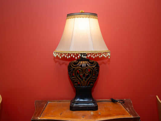 Decorative Table Lamp – Carved Wooden Base with Pearl Trim Shade